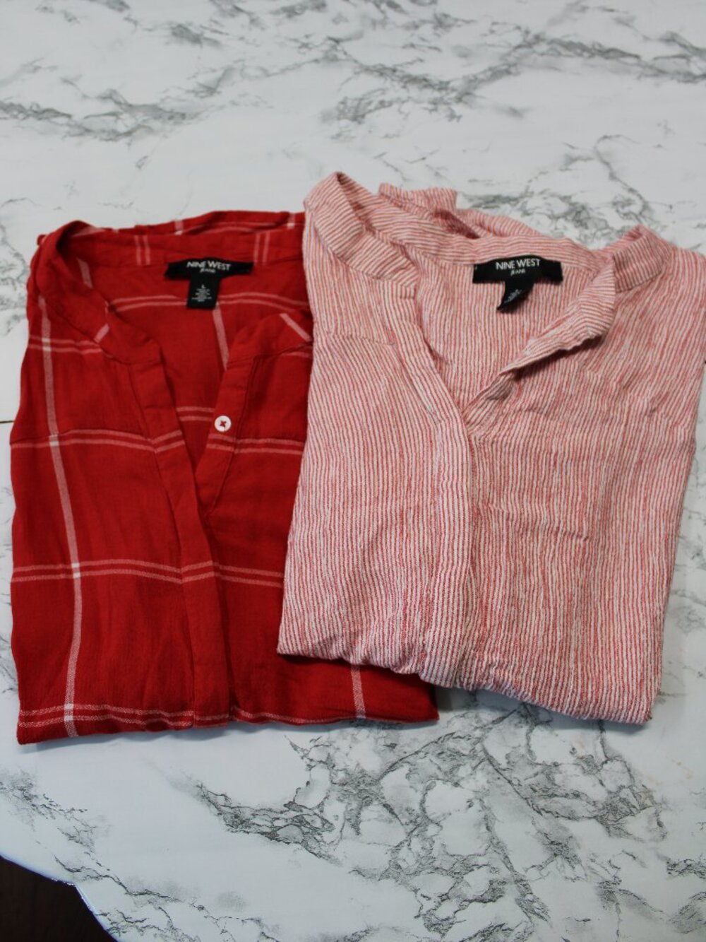 Nine West Missy Large Short Red Plaid Stripes Button Front Casual Shirts Bundle